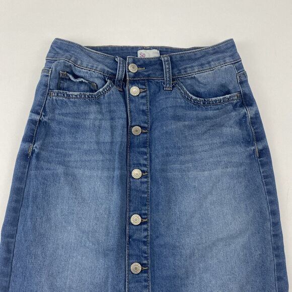 SO Midi Denim Blue Jean Skirt Button Front Size 7/28 Medium Wash Slit Stretch - Picture 2 of 8